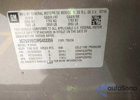 2015 GMC Sierra 1500 Slt из США, поврежденный, VIN 3GTU2VEC5FG433359